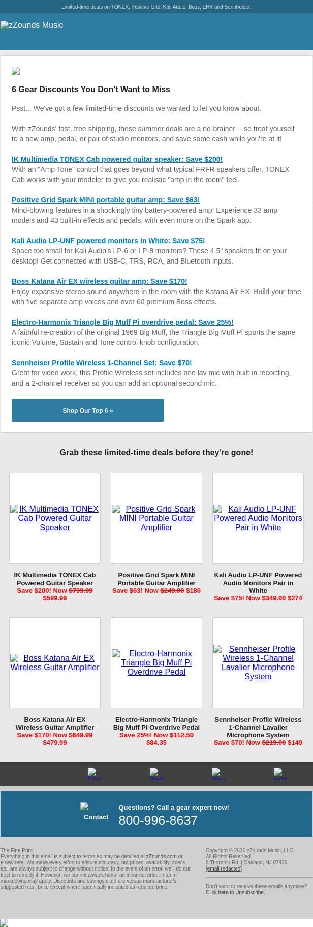 6 Gear Discounts You Don't Want to Miss email from zzounds screenshot