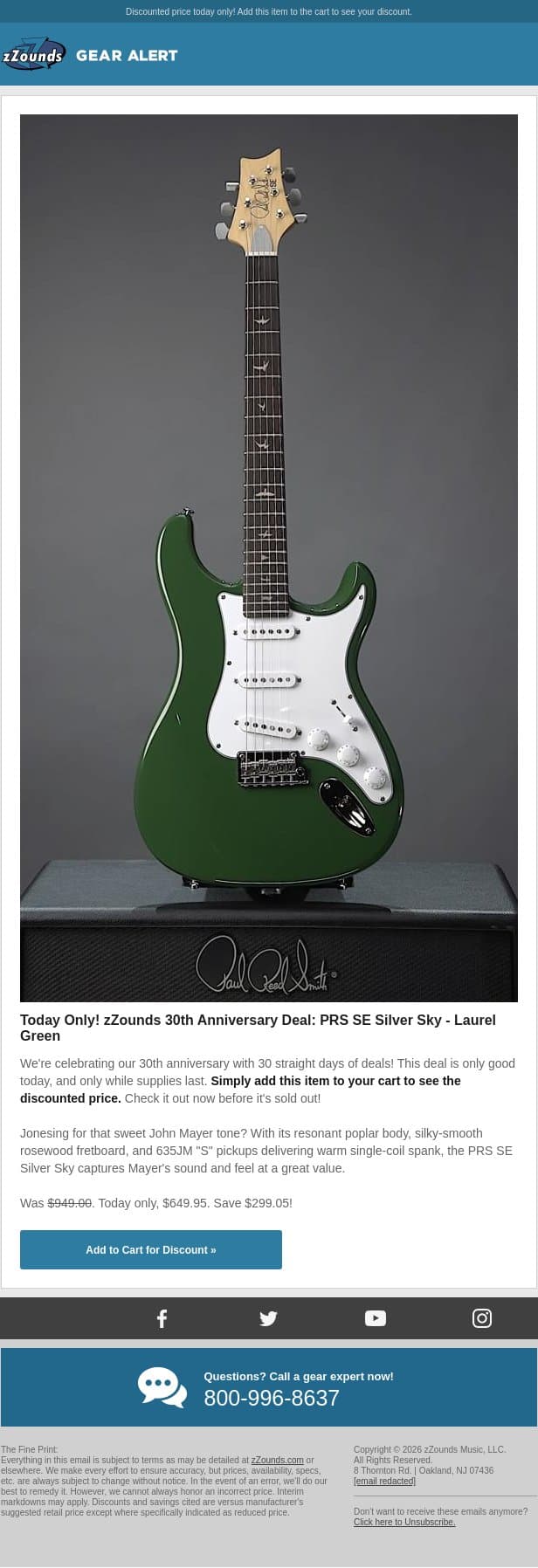 zZounds 30th Anniversary Deal: PRS SE Silver Sky email from zzounds screenshot