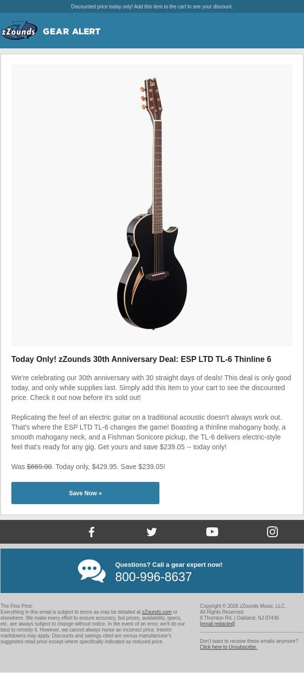 zZounds 30th Anniversary Deal: $239 OFF the ESP LTD TL-6! email from zzounds screenshot