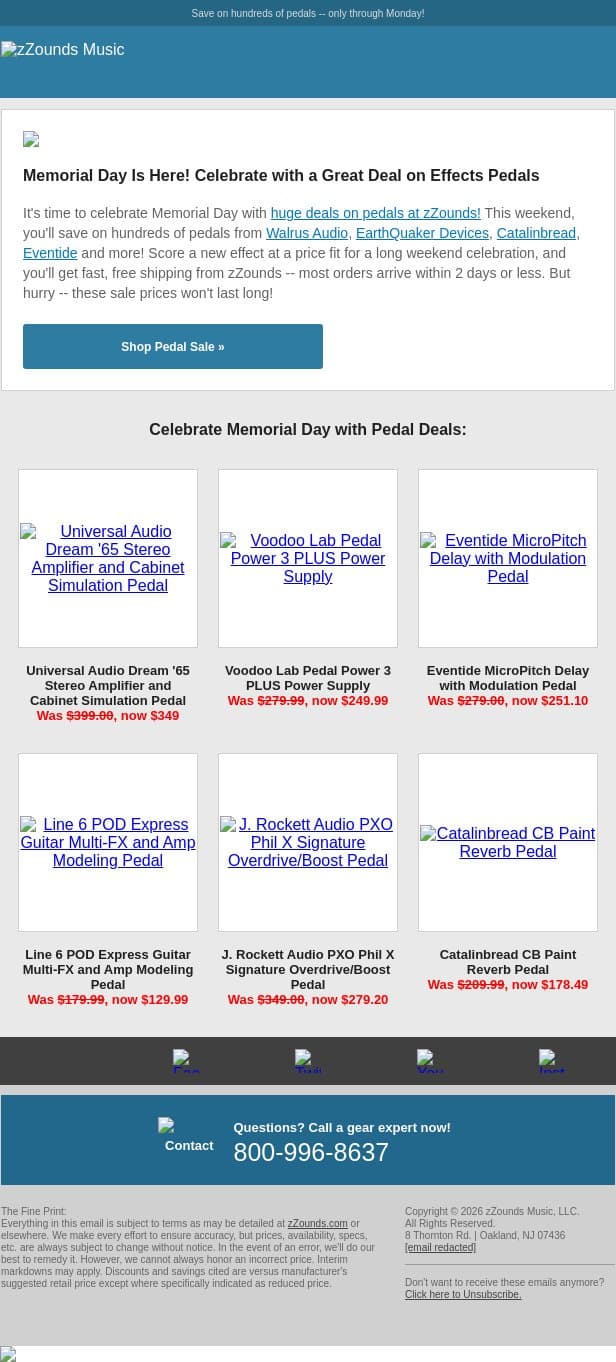 The Memorial Day Pedal Sale Is Finally Here! email from zzounds screenshot