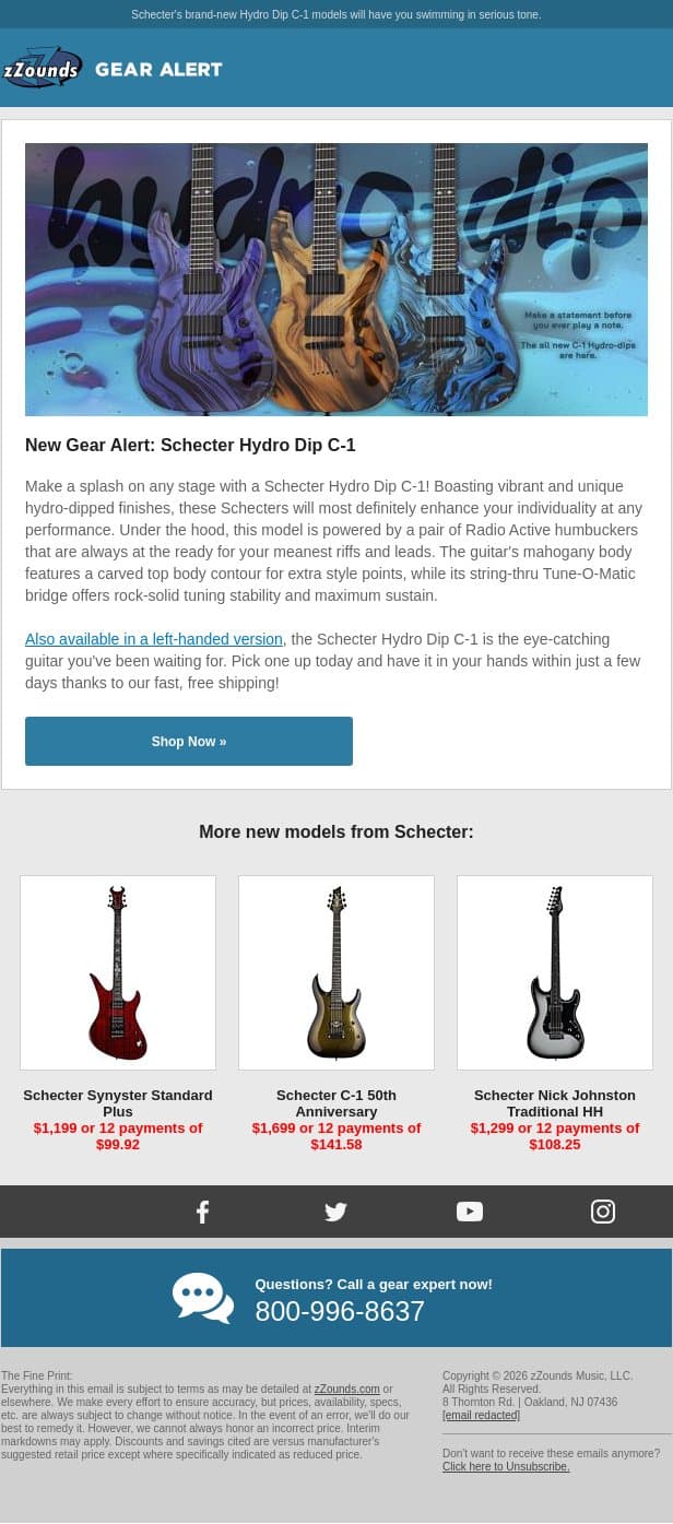 Take a Dip With Schecter! email from zzounds screenshot