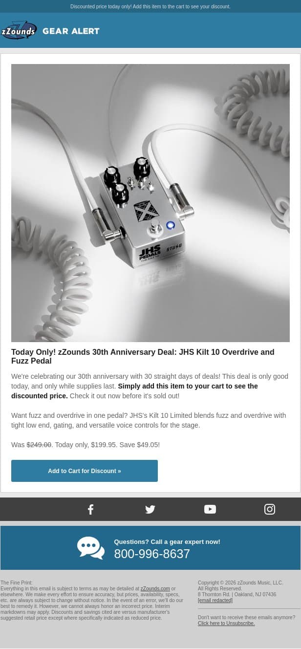 zZounds 30th Anniversary Deal: Save $49 on JHS Kilt 10! email from zzounds screenshot