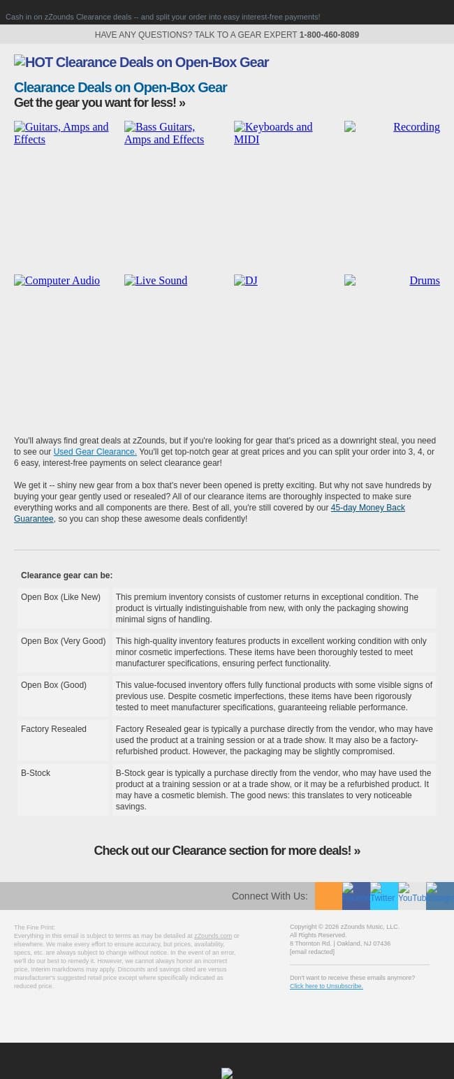 Open for Massive Savings on Gear! email from zzounds screenshot