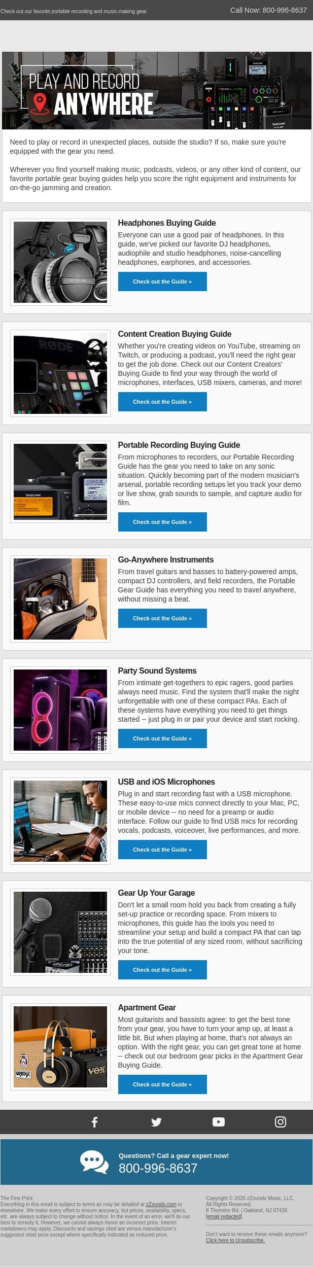 Play + Record Anywhere! email from zzounds screenshot