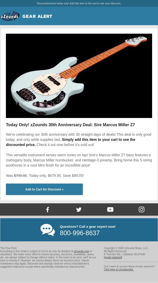 zZounds 30th Anniversary Deal: Sire Marcus Miller Z7 Bass! email from zzounds screenshot