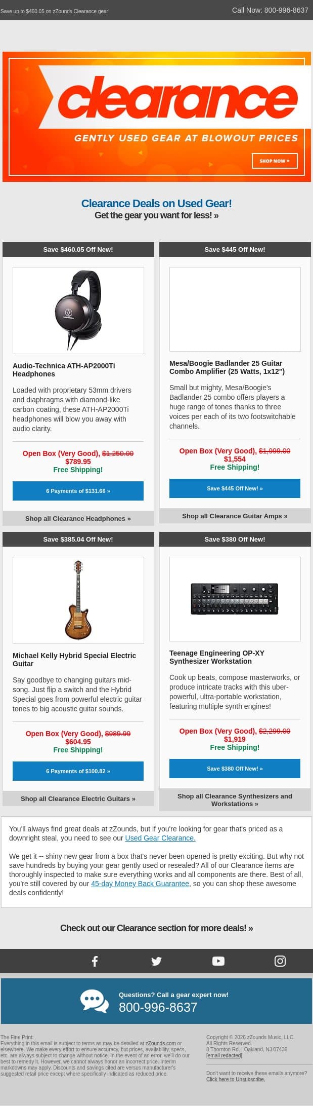 Open-Box Deals: Audio-Technica, Mesa/Boogie, Teenage Engineering, and More! email from zzounds screenshot