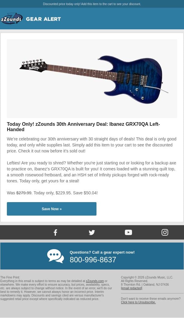 zZounds 30th Anniversary Deal: Ibanez GRX70QA Left-Handed email from zzounds screenshot