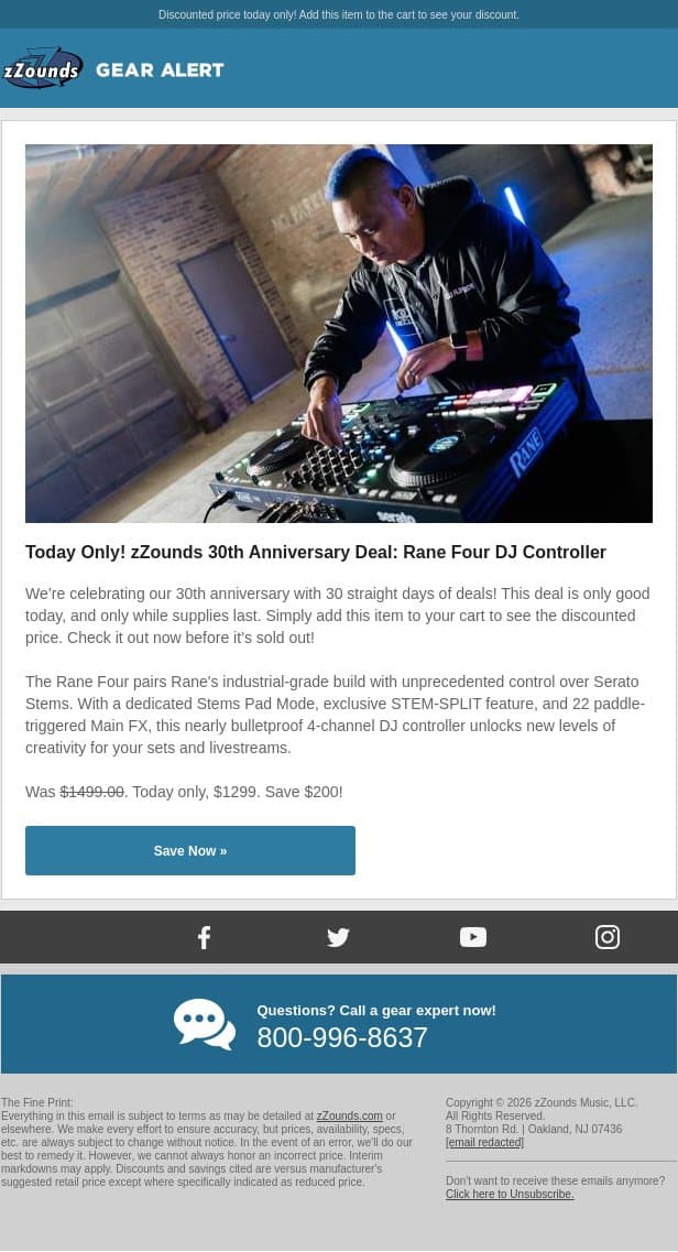 zZounds 30th Anniversary Deal: Rane Four for $200 Less! email from zzounds screenshot