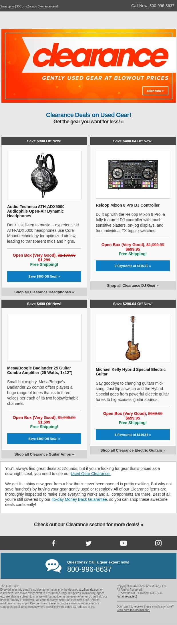 Open-Box Deals: Audio-Technica, Mesa/Boogie, and More! email from zzounds screenshot
