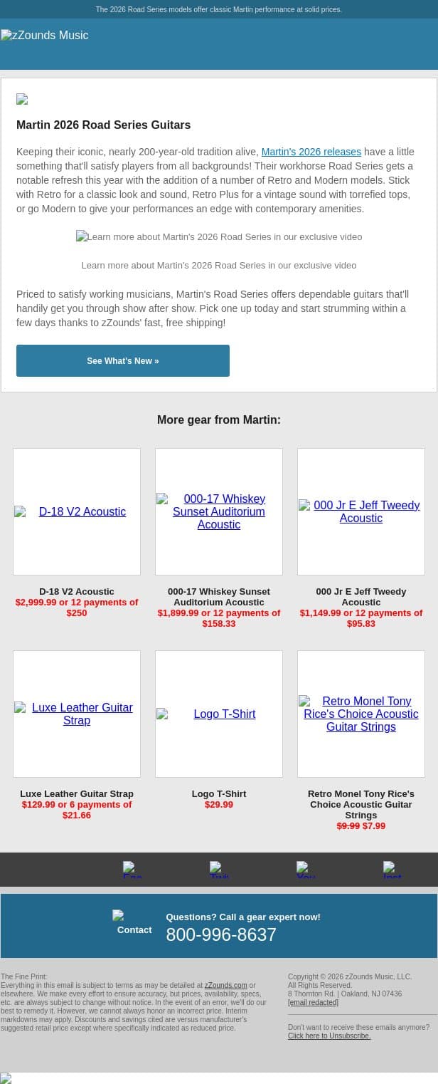 Get Your Show on the Road With Martin! email from zzounds screenshot