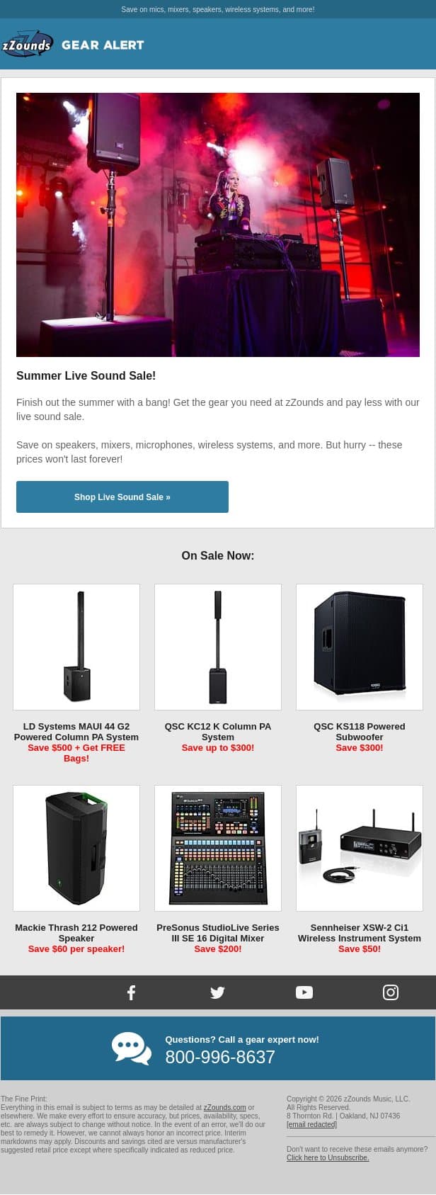 Sizzlin' Summer Sale -- Speakers, Mixers, and More! email from zzounds screenshot