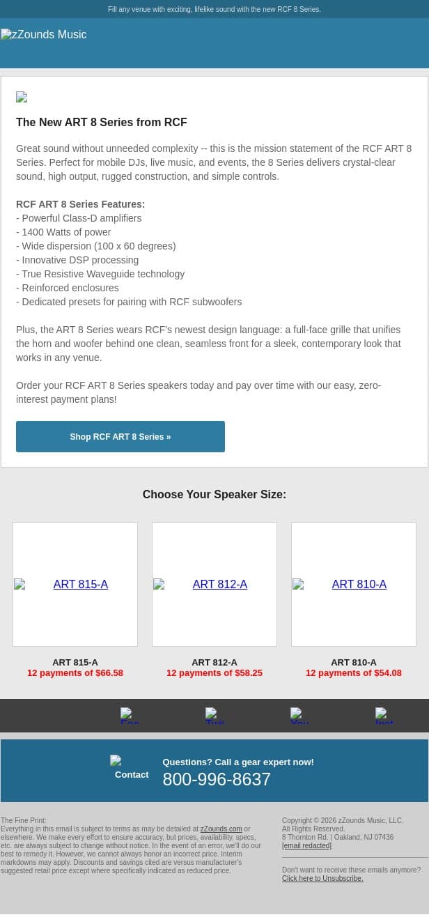 The New ART 8 Series from RCF email from zzounds screenshot