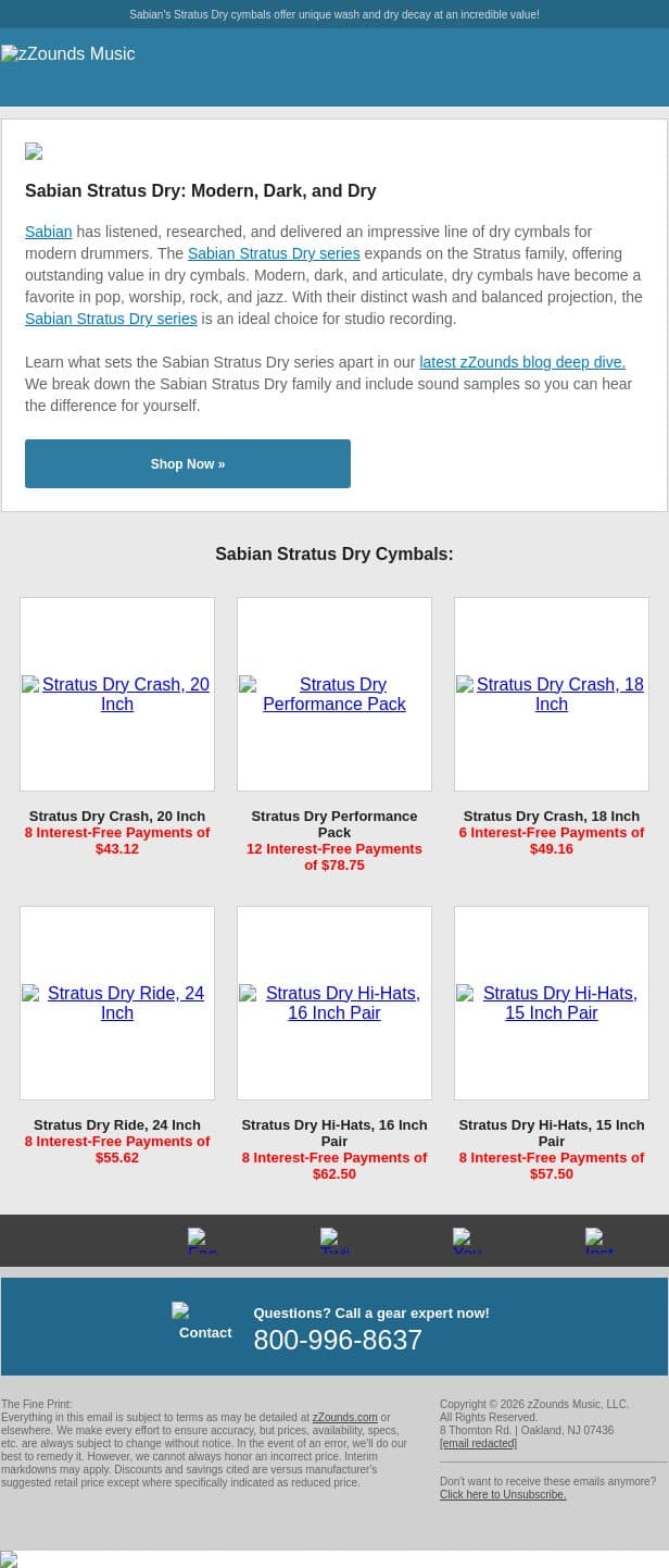 Could These Be the Best Value Dry Cymbals Ever? email from zzounds screenshot