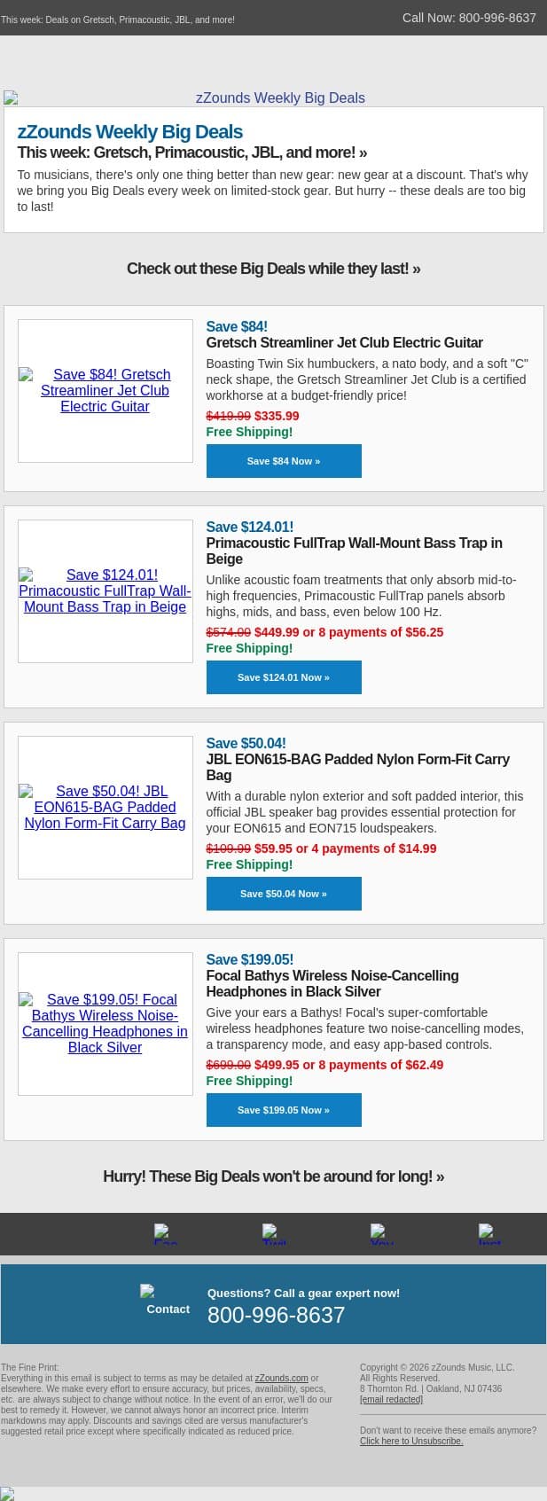 Tune In: BIG DEALS Are Live! email from zzounds screenshot