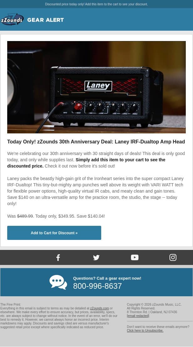 zZounds 30th Anniversary Deal: $140 OFF This Laney Amp! email from zzounds screenshot