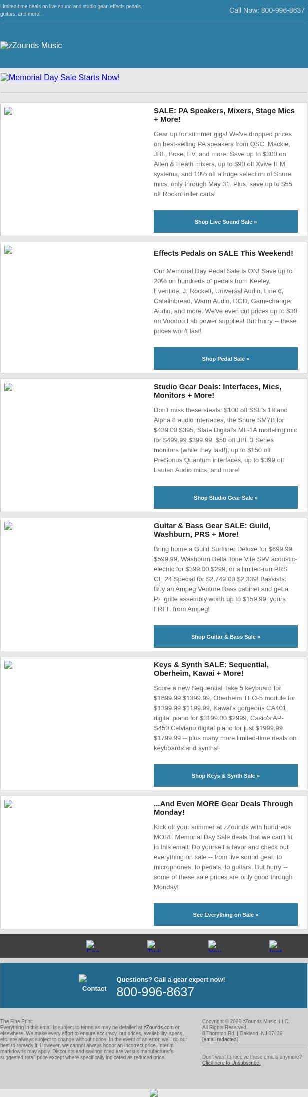 Memorial Day Deals End Soon! email from zzounds screenshot