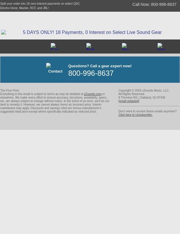 ⏳5 DAYS ONLY! 18 Payments, 0 Interest on Select Live Sound Gear email from zzounds screenshot
