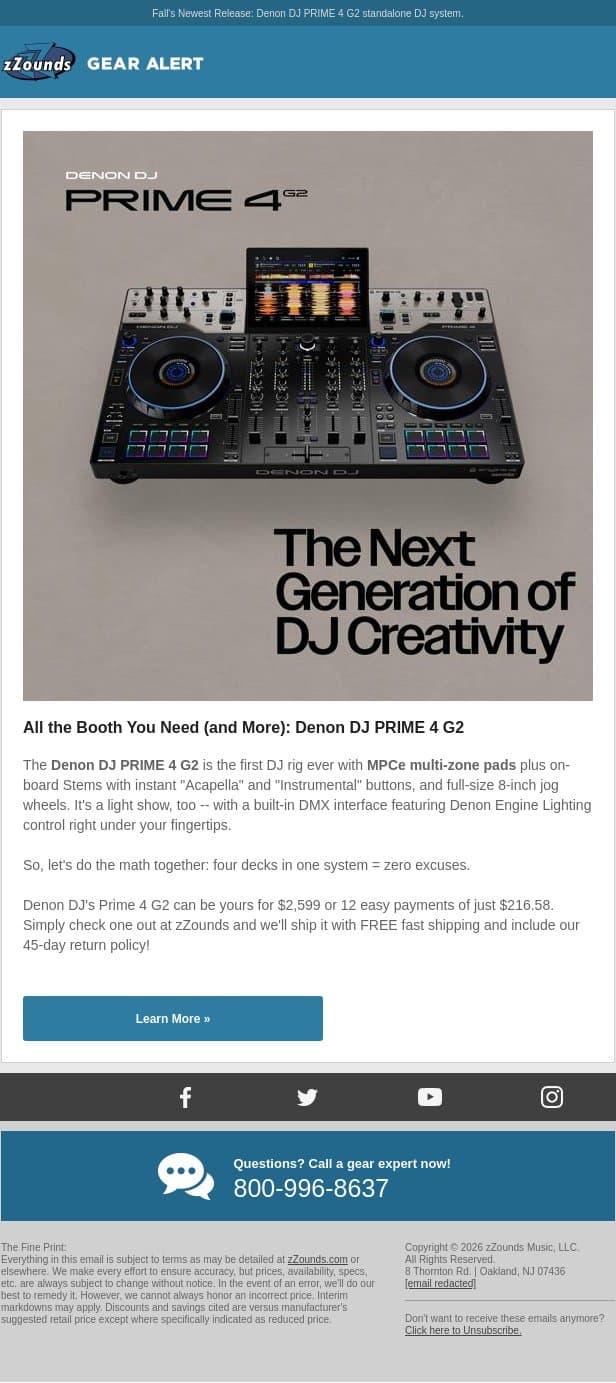 Denon DJ Just Hit Prime Time email from zzounds screenshot