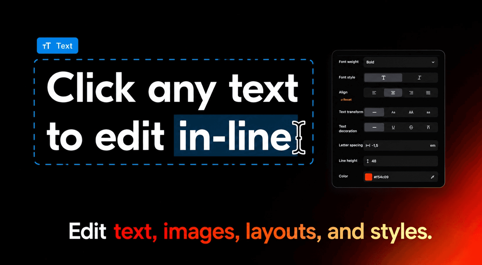 Blog thumbnail showing Click any text to edit in-line beside text styling controls, with a warm glow and the caption Edit text, images, layouts, and styles.