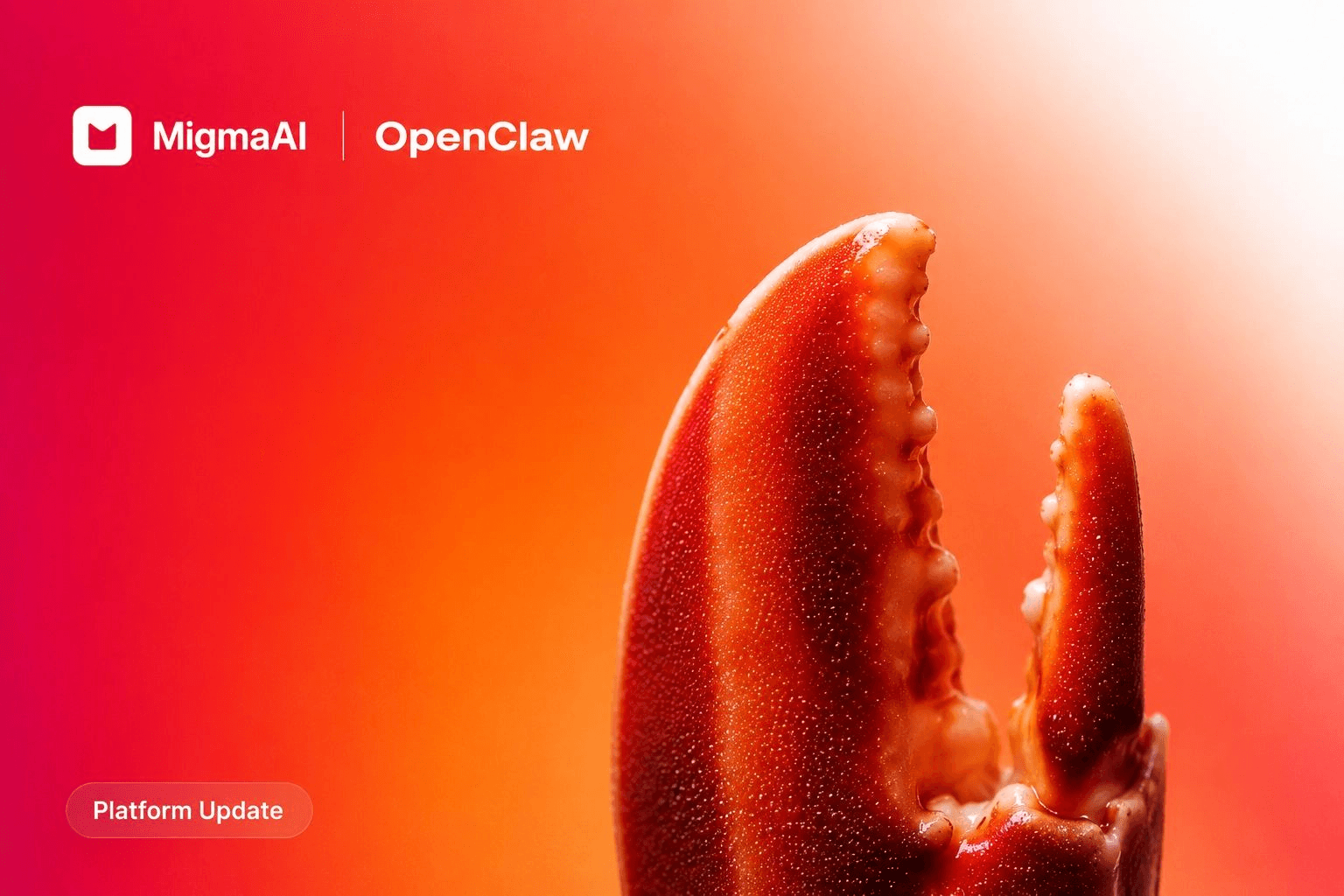 MigmaAI and OpenClaw blog thumbnail with a close-up lobster claw against a vivid pink-to-orange gradient and a Platform Update label.