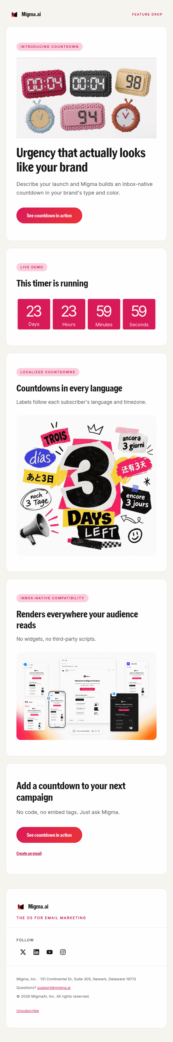 Migma countdown feature email with playful clock imagery, pink timer blocks, multilingual artwork, and light cards showing inbox compatibility.