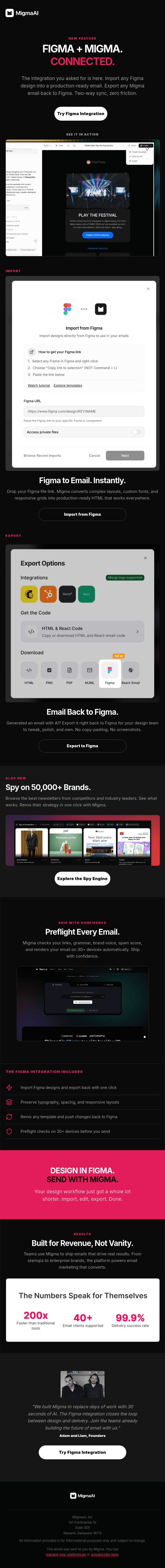 Dark Migma email introducing the Figma integration, with import and export screenshots, white calls to action, and a bright pink campaign panel.