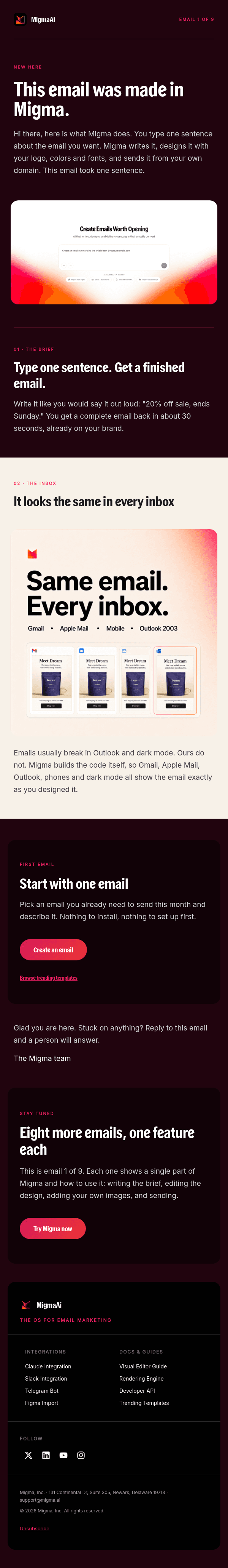 This email was made in Migma onboarding email, with deep plum and cream sections, a product prompt screenshot, inbox comparisons, and pink calls to action.