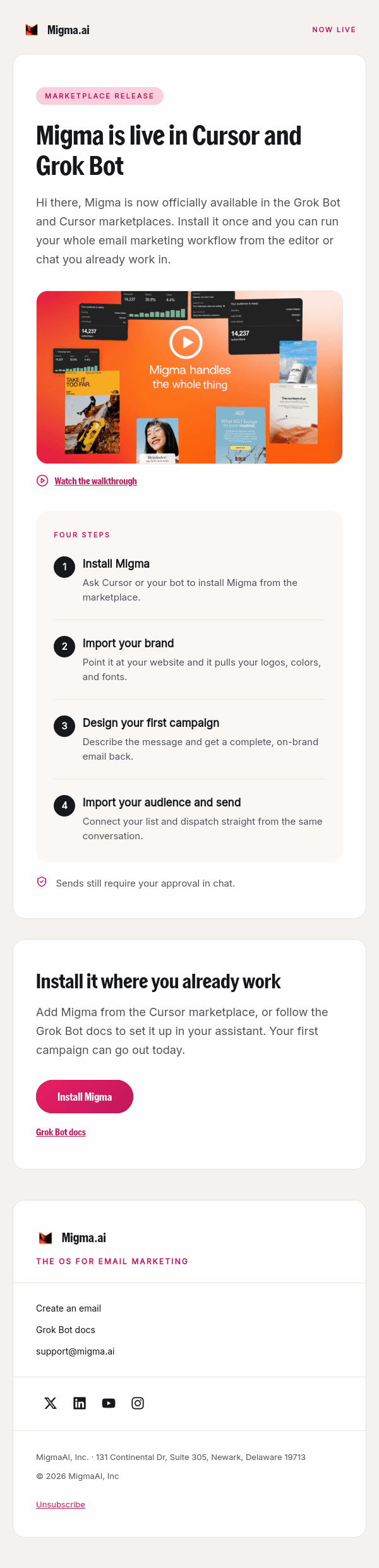 Migma marketplace release email announcing Cursor and Grok Bot, with a product walkthrough, four setup steps, and a pink install button on a light background.