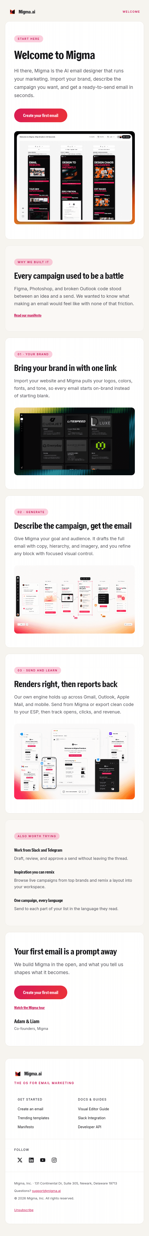 Welcome to Migma email with a sequence of light cards introducing brand import, email generation, rendering, and sending, illustrated with product screenshots.