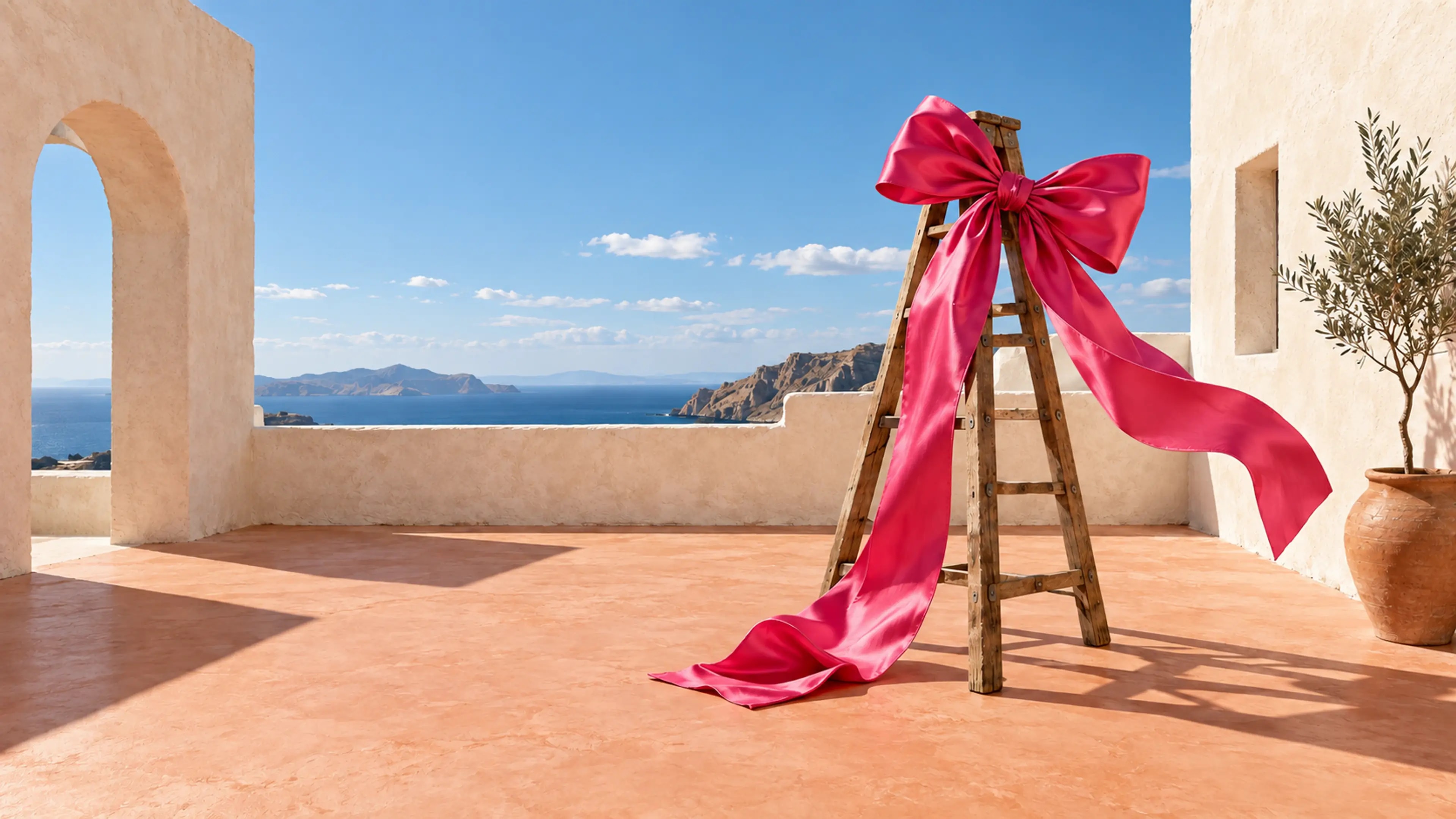An oversized pink satin bow tied around a wooden ladder in a sunlit cream courtyard