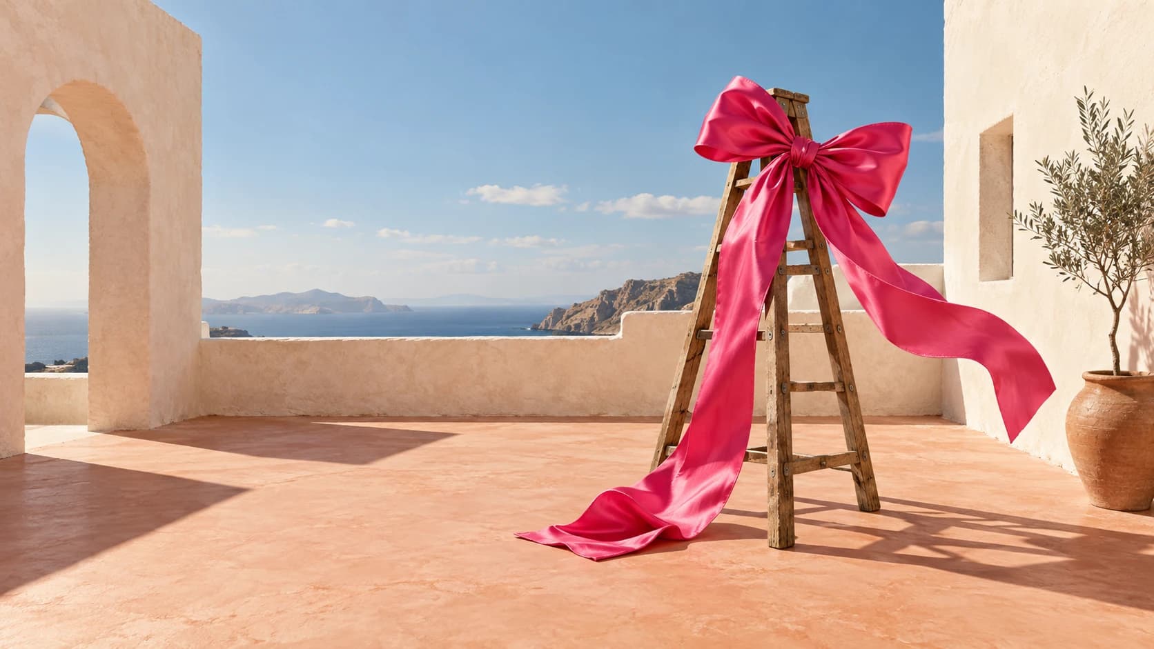 An oversized pink satin bow tied around a wooden ladder in a sunlit cream courtyard