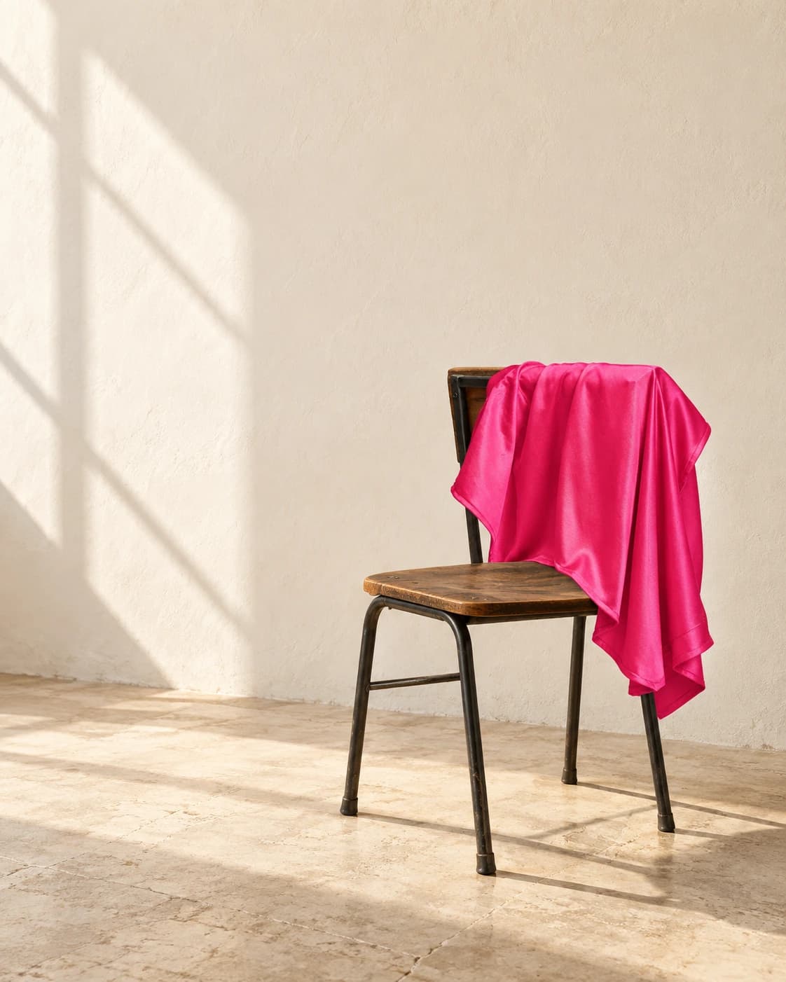 A vivid pink shirt draped over a wooden chair in a spacious sunlit cream studio, with open wall and floor around it.