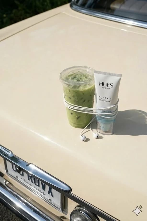 An iced matcha and water resting on a cream vintage car