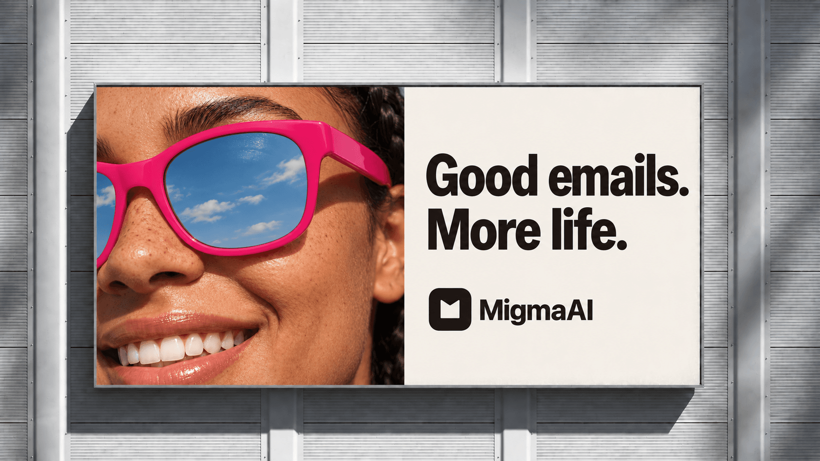 Migma street-ad concept on a silver-framed billboard: a smiling woman in pink sunglasses beside the Ink headline Good emails. More life. and the black MigmaAI logo directly on Cream.