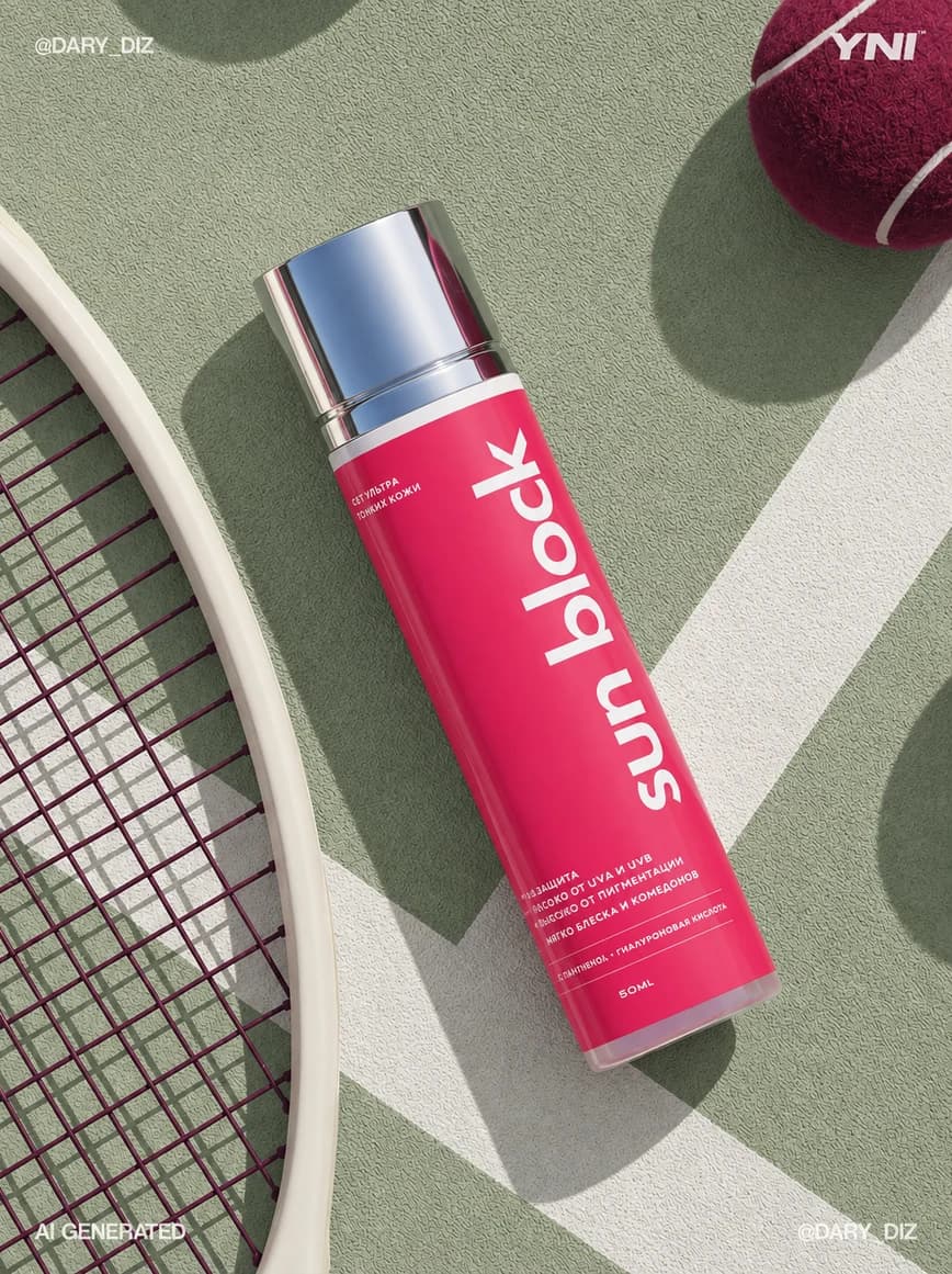 A vivid pink sunscreen bottle on a sage tennis court