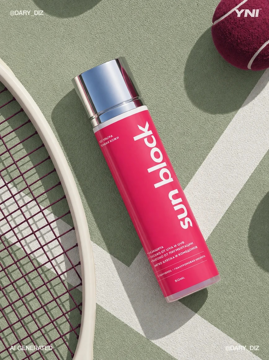 A vivid pink sunscreen bottle on a sage tennis court