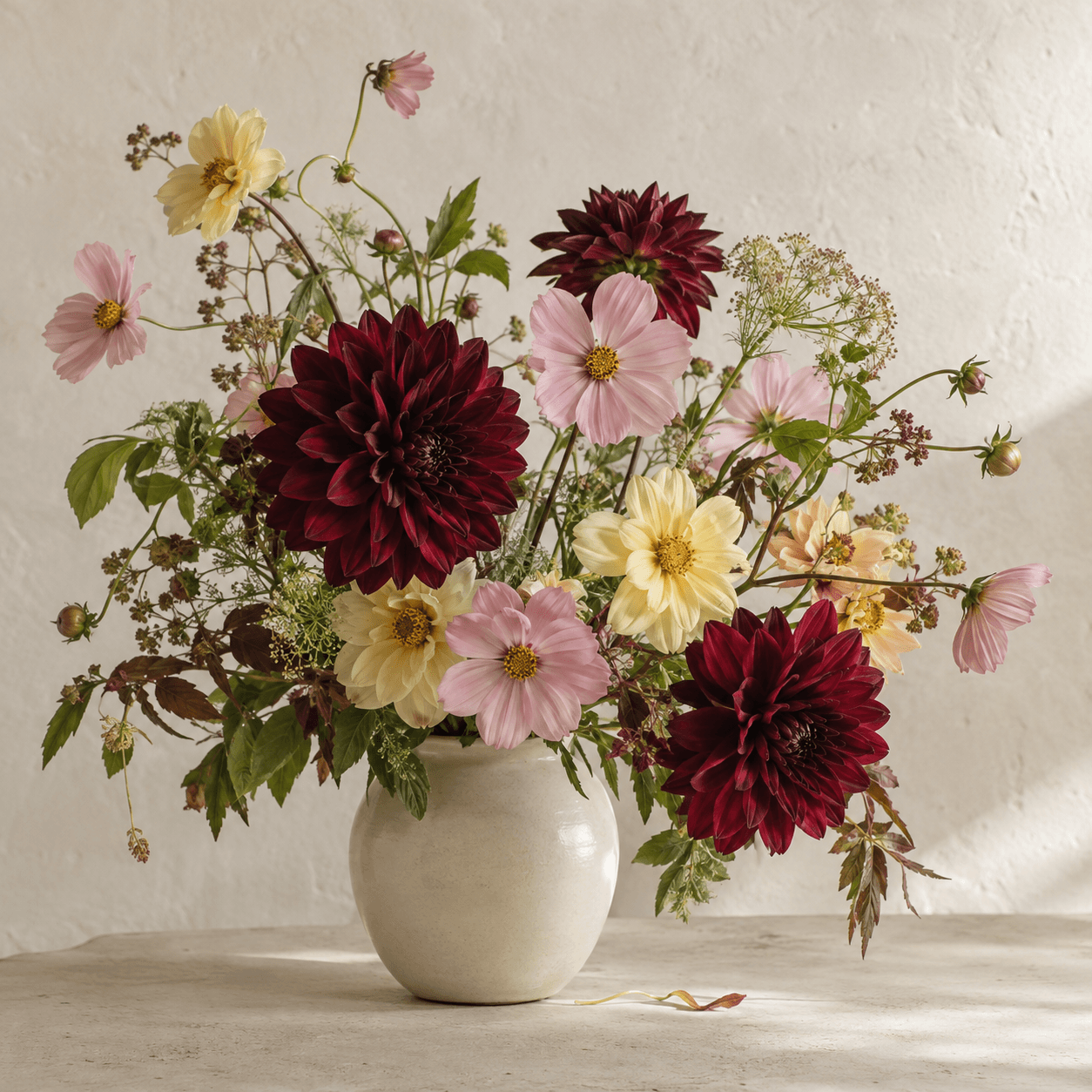 Burgundy and blush flowers arranged in a ceramic vase