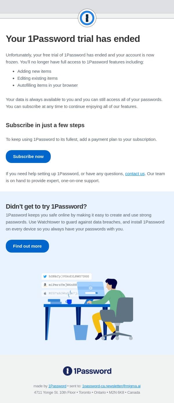Your 1Password trial has ended email from 1Password screenshot