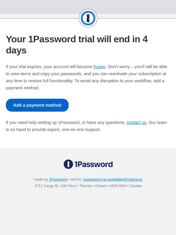 Only 4 days left on your 1Password trial. email from 1Password screenshot