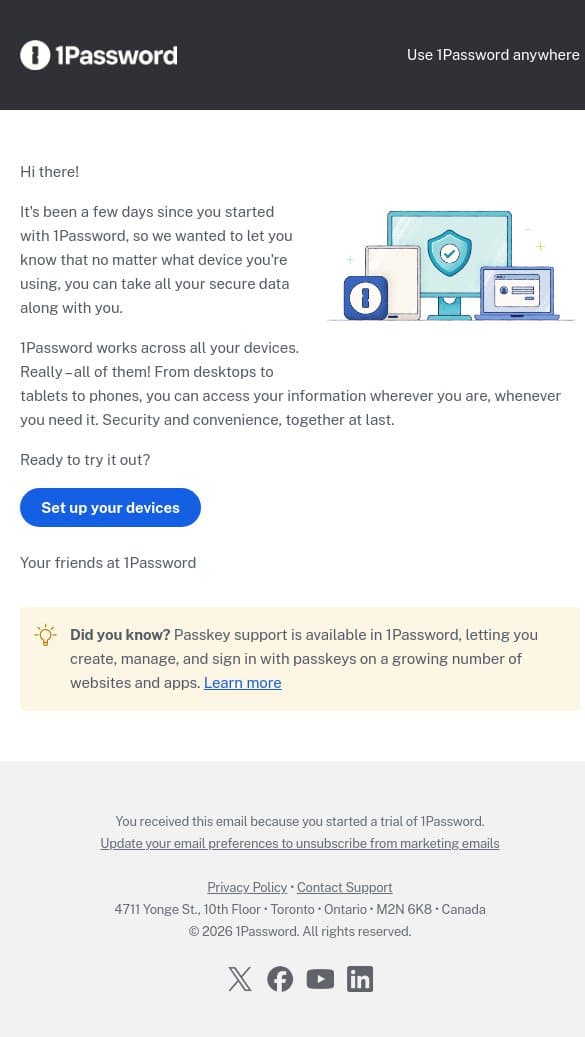 All your passwords, on all your devices π»π± email from 1Password screenshot
