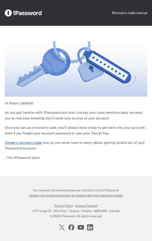 Create a recovery code now email from 1Password screenshot