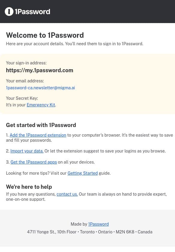 Welcome to 1Password email from 1Password screenshot