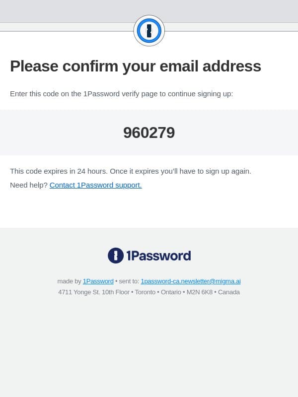 Verification code: 960279 email from 1Password screenshot