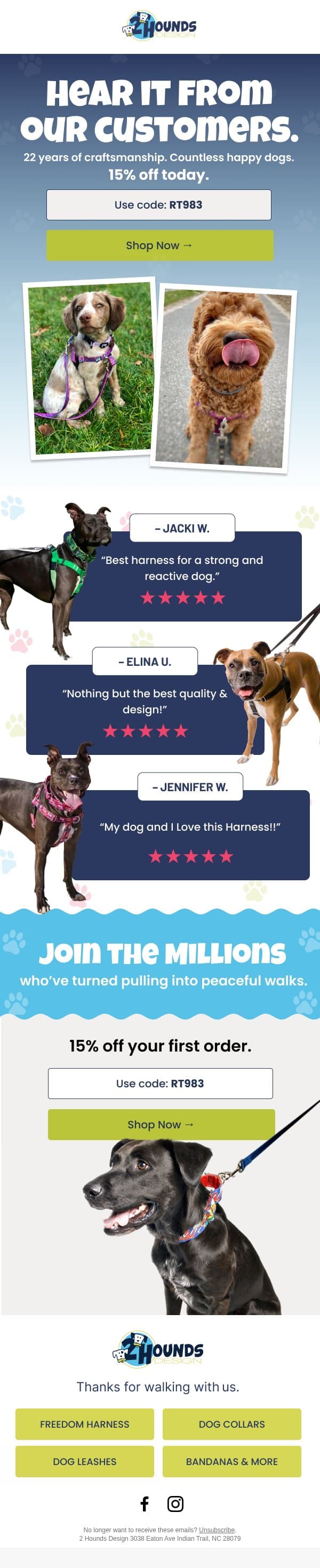 Hear It From Our Customers email from 2 Hounds Design screenshot
