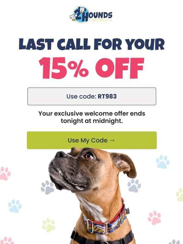 Last Call For Your 15% OFF Code email from 2 Hounds Design