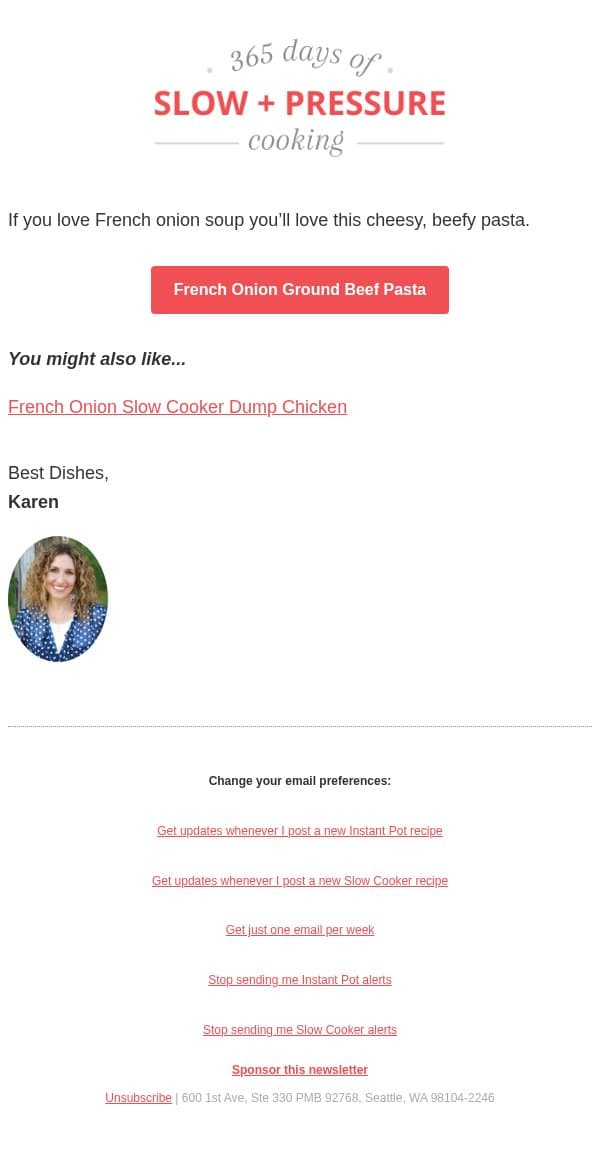 French Onion Ground Beef Pasta Gratin email from 365 Days of Slow Cooking screenshot