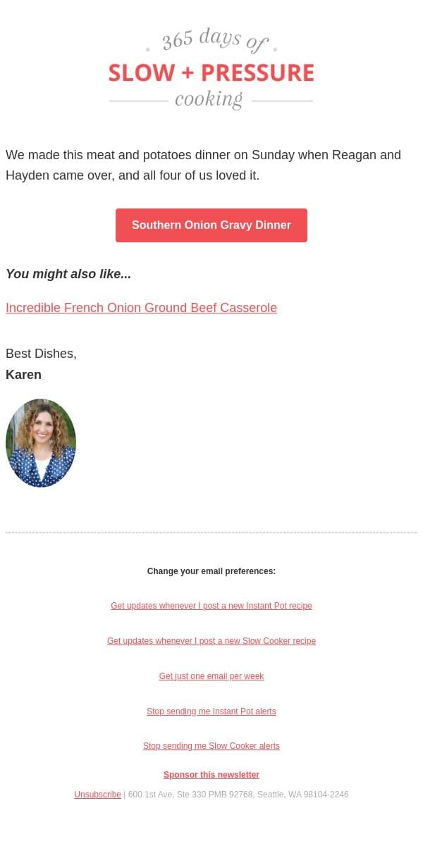 Southern Hamburger Onion Gravy Casserole email from 365 Days of Slow Cooking screenshot