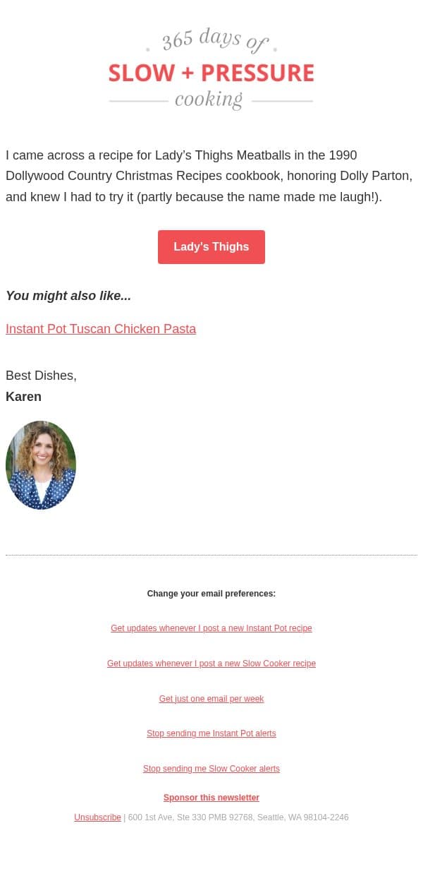 Dolly Parton’s Famous and Classic Lady’s Thighs email from 365 Days of Slow Cooking screenshot