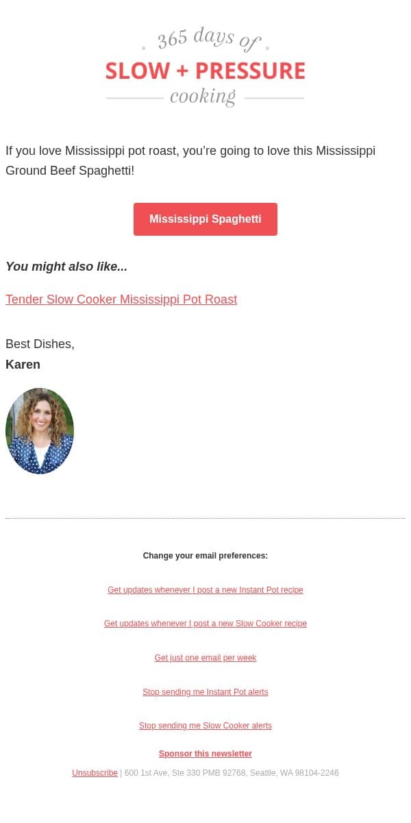 Mississippi Ground Beef Spaghetti email from 365 Days of Slow Cooking screenshot