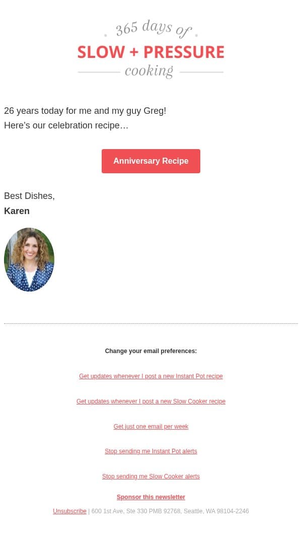 26 years and counting… email from 365 Days of Slow Cooking screenshot